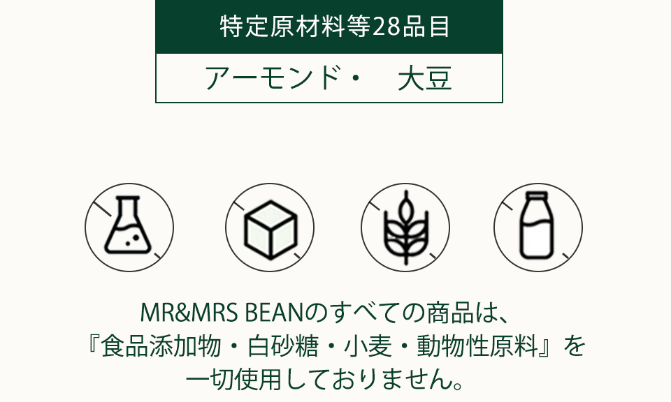 MR&MRS BEANの製品は特定原材料28品目のうちアーモンド・大豆を使用し、食品添加物、白砂糖、小麦、動物性原料は一切不使用。
